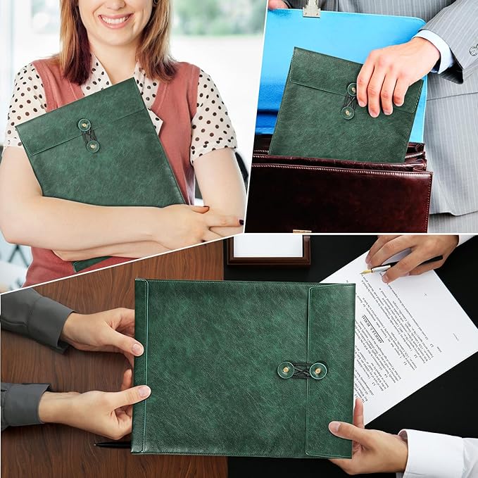 Green PU Leather File Folder for Documents,Important Document Folder with String Tie,Laptop Sleeve Notebook Case,Leather File Organizer, A4 Envelopes Filing Folder