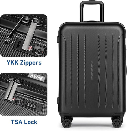 KYME Suitcase Hardshell With Double Spinner Wheels, PC+ABS TSA Lock Travel Luggage (Black, 2Pcs Set(20"/24"))