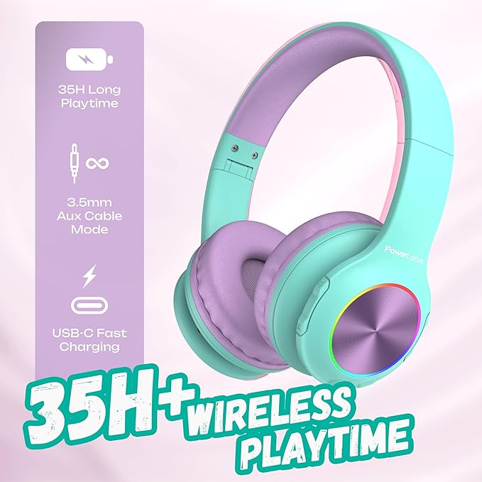 PowerLocus PLED Kids Bluetooth Headphones, Kids Wireless Headphones with LED Lights, 74/85/94dB Safe Volume, Micro SD, AUX Cable, Hi-Fi Stereo, Built-in Mic Over Ear Kid Headphone for Travel/Tablet/PC