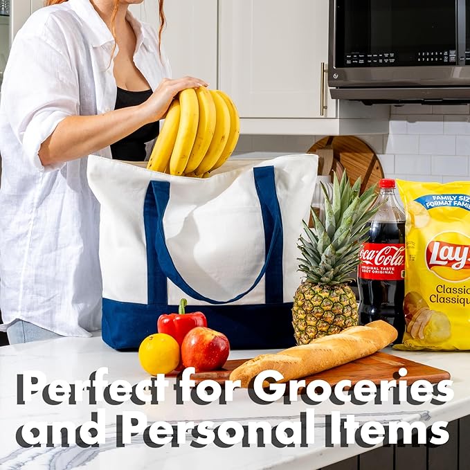 Carrywell |Not Made in China| 30 Pack Cotton Tote Bags, Reusable Grocery Shopping Bag with Zipper Closure and Front Pocket, Heavy Duty Organic Cloth w/Handles