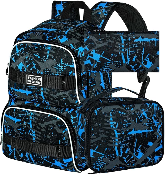 17 Inches Backpack for Boys Men, 3Pcs College Laptop Backpacks with Lunch Bag, Water Resistant Graffiti School Bookbag Set for Teens Students(Blue)