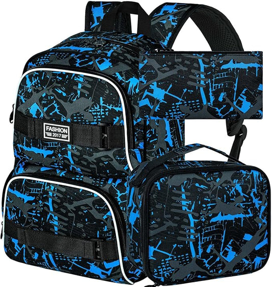 17 Inches Backpack for Boys Men, 3Pcs College Laptop Backpacks with Lunch Bag, Water Resistant Graffiti School Bookbag Set for Teens Students(Blue)