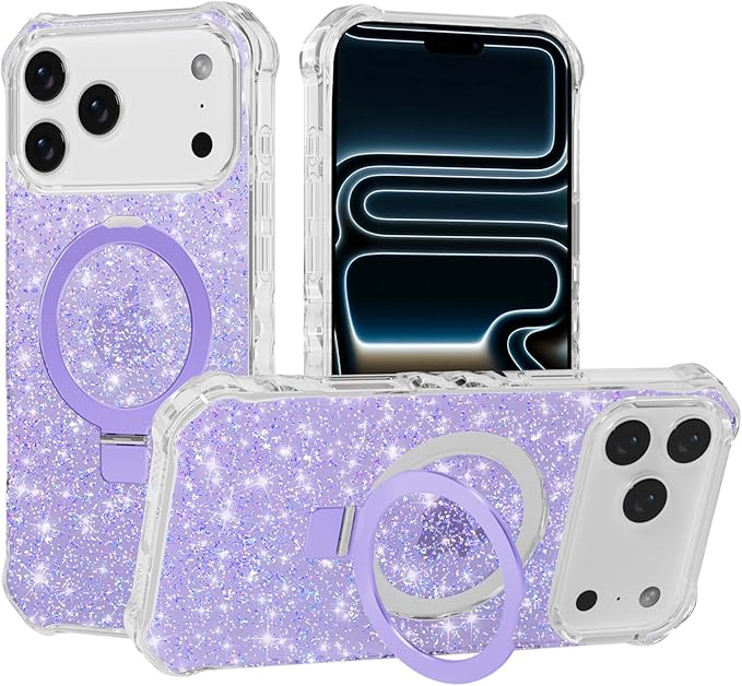 Magnetic for iPhone 17 Pro Case with Invisible Stand, Compatible with MagSafe, Clear Bling Sparkle Shockproof Slim Anti-Slip Military Drop Protection Hard Phone Case 6.3" Glitter Purple