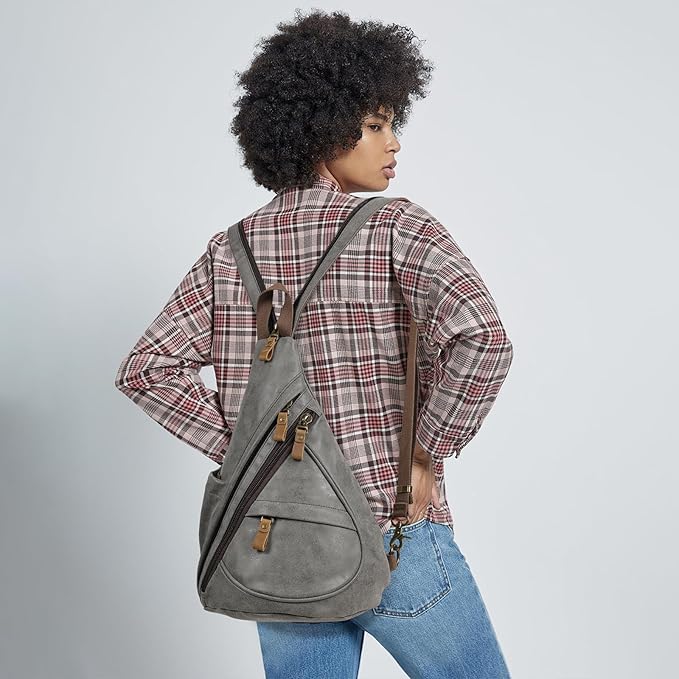 KL928 PU Leather Sling Bag - Small Crossbody Backpack Shoulder Casual Daypack Rucksack for Men Women Outdoor Cycling Hiking Travel (6881-PU-D.Grey)