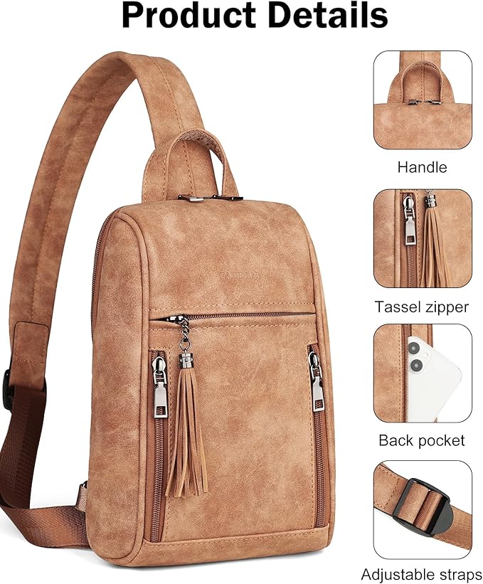 FADEON Sling Bag for Women, Crossbody Purse with Tassels, Designer Leather Shoulder Chest Bags for Travel