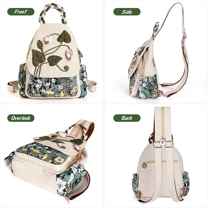 Girl's Convertible Sling Bag, Hand Craft Artisan Purse, Beautiful Canvas Premium Casual Day Mini Backpack for Women (Green Marsh)