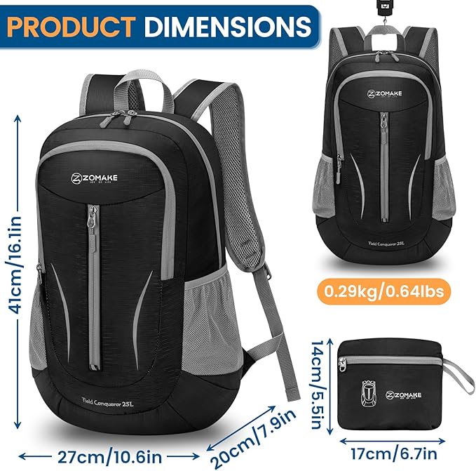 ZOMAKE Ultra Lightweight Packable Backpack 25L, Foldable Hiking Backpacks Water Resistant Small Folding Daypack for Travel(Solid Black)