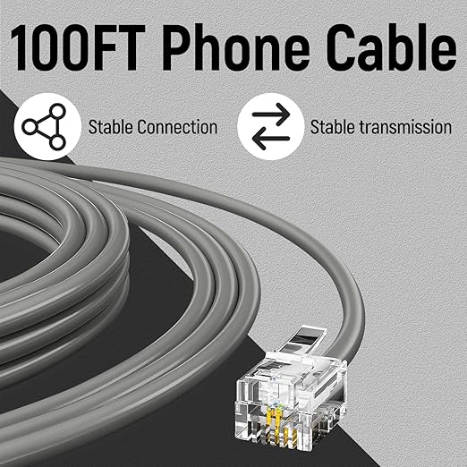 Uvital Phone Extension Line, 100 FT Grey Long Telephone Extension Line Cord Cable Wire,RJ11 6P4C Phone Cord for Landline/Fax Machine/Home/Office