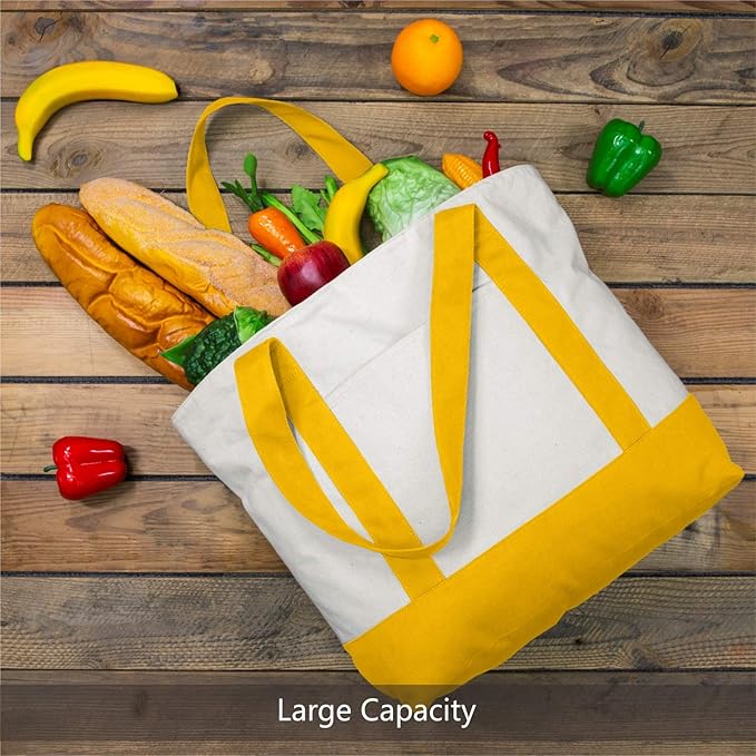 TOPDesign 6-Pack Canvas Tote Bags with an External Pocket, Reusable Grocery Shopping Bags, Top Zipper Closure, Daily Essentials (Yellow/Natural)