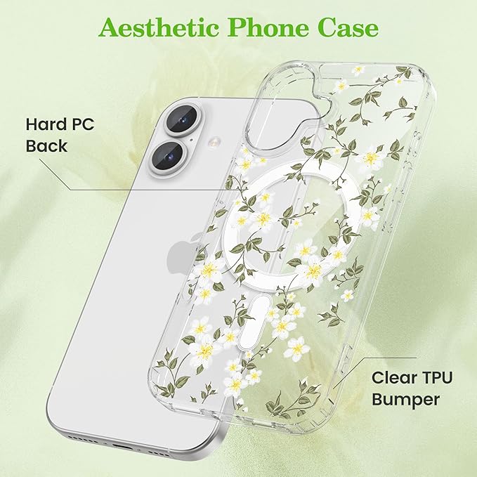ZTOFERA for iPhone 16 Magnetic Case Compatible with Magsafe,Aesthetic Floral Pattern Design Cute for Girl Women,Anti-Drop Protective Hard Phone Cover for iPhone 16-Big White Flower