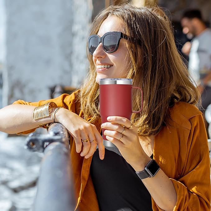 20 oz Stainless Steel Tumbler with Handle Bulk Metal Insulated Tumblers Travel Coffee Mug with Handle Double Wall Tumbler Cup with Lid and Straw, Wine Red 6 Pack