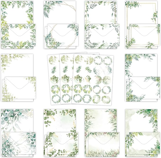 160 Pcs Stationery Paper Envelopes Set Includes 50 Writing Paper & 50 Envelopes with 60 Colorful Round Dot Stickers, Cute Vintage Tree Leaf Letter Writing Stationery Paper Envelopes(10Style)