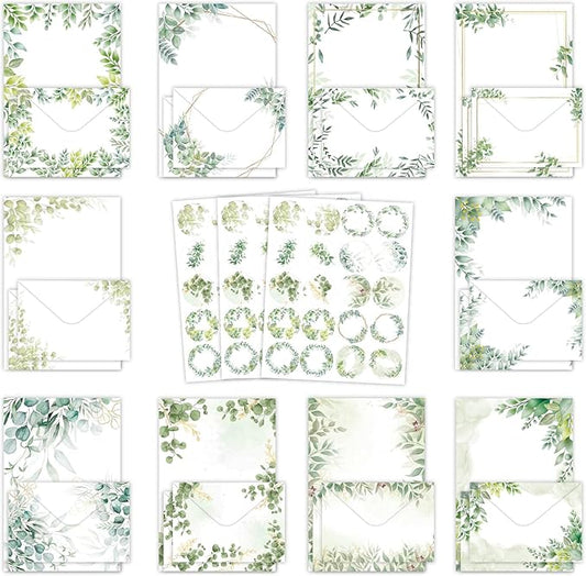 160 Pcs Stationery Paper Envelopes Set Includes 50 Writing Paper & 50 Envelopes with 60 Colorful Round Dot Stickers, Cute Vintage Tree Leaf Letter Writing Stationery Paper Envelopes(10Style)
