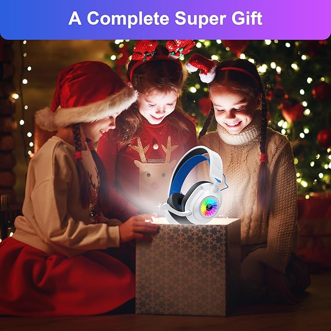 HW10 Wireless Gaming Headset for PS5, PC, PS4, Switch, Noise Cancelling Over Ear Headphones with Mic, 2.4GHz Low Latency & Bluetooth, 50Hr Battery, RGB Light(White/Blue)