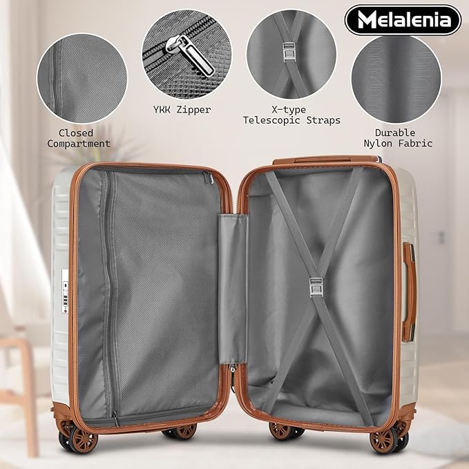 Melalenia Luggage Sets 4 Piece Hard Shell Carry on Suitcase with Spinner Wheels and TSA Lock, Lightweight Travel Duffel Bag for Women, Beige Brown