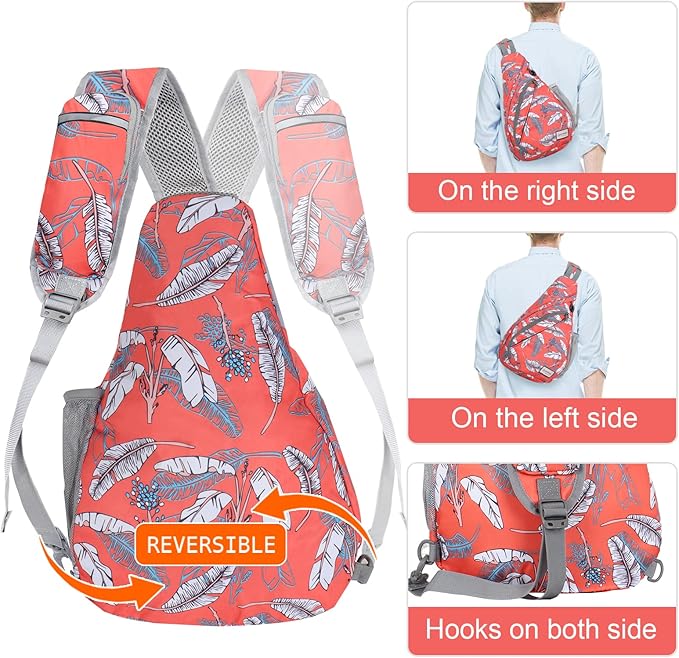 ZOMAKE Sling Bag,Small Crossbody Sling Backpack,Water Resistant Shoulder Daypack for Travel,Anti Thief Chest Bag for Hiking(Orange White Leaf)