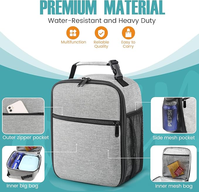Lunch Bag for Men/Women, Reusable Lunchbox for Adult, Small Insulated Lunch box, Lunch Tote Bag for Office, Work, Picnic - Grey
