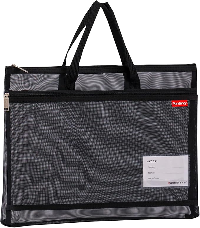 Pendancy Mesh Zipper Pouch A3 Size, Large Double Pocket Lightweight Nylon Transparent File Bag with Handle, 13x17 in Foldable Document Storage for Puzzle Project/Cross Stitch/Travel/Office (Black)