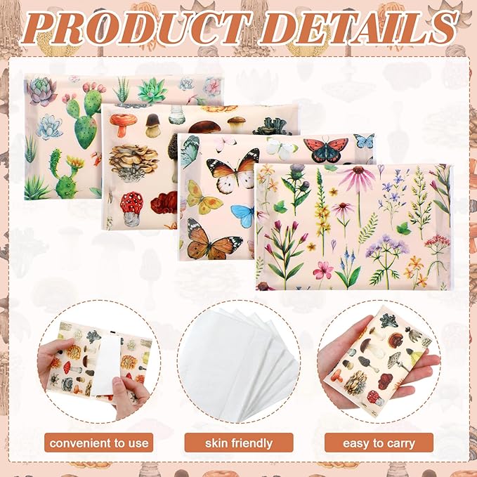 PerKoop 100 Pack Pocket Tissues Travel Slim Packs Small Facial Tissues Wallet Size Toilet Paper for Travel Guest Wedding Supplies, 4 Styles(Plants)