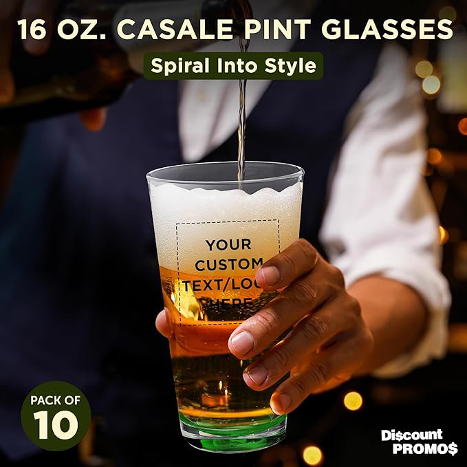 Custom Casale Pint Glass 16 oz. Set of 10, Personalized Bulk Pack - Beer Glasses, Heavy Duty Drinkware - Green