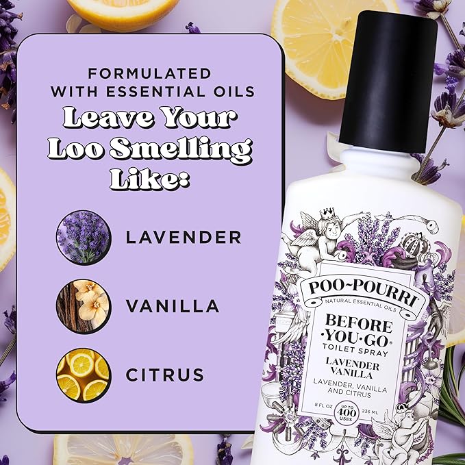 Poo-Pourri Before-You-Go 8oz Air & Toilet Freshener Lavender Vanilla Spray – Instantly Works to Trap Bathroom Odor – Plant Based Ingredients & Essential Oils – with Lavender, Vanilla & Citrus