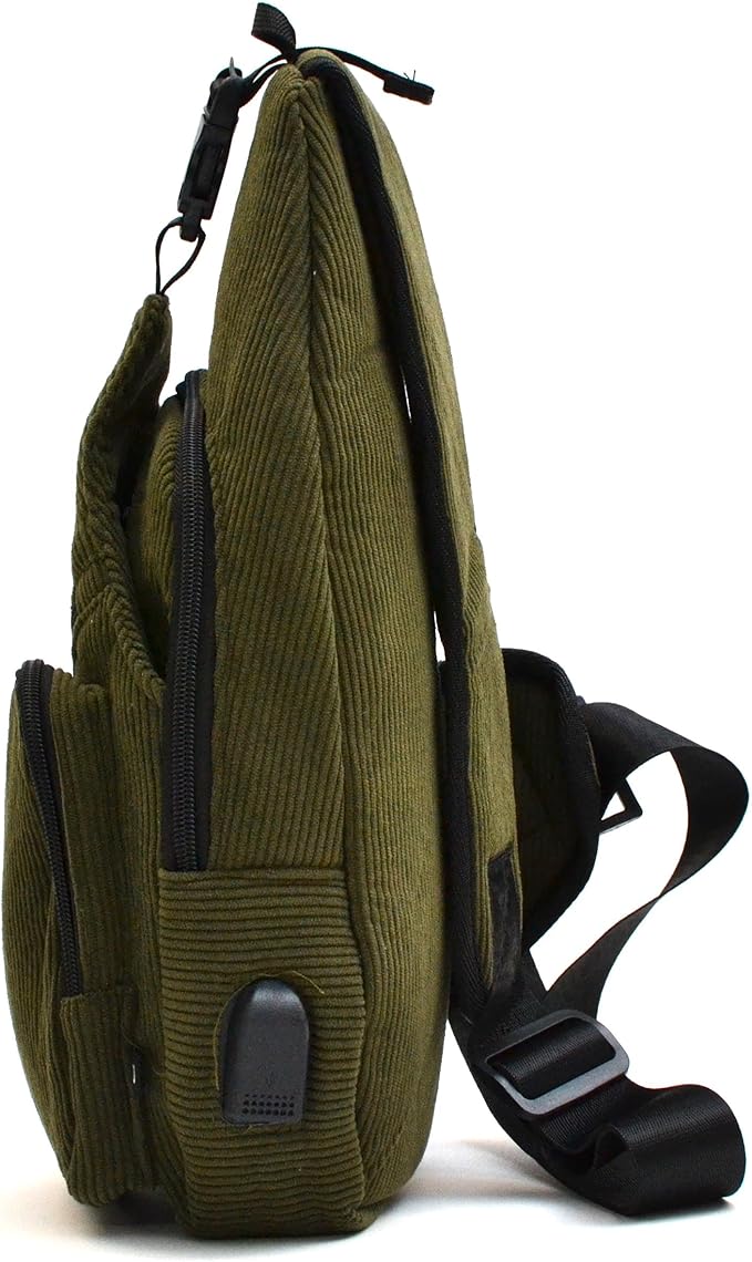 Anti-Theft Daypack Crossbody Sling Backpack, USB Charging, Lightweight Day Pack for Travel, Hiking, Everyday, Regular, Olive Corduroy