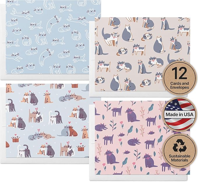 Twigs Paper Note Cards – 12 Assorted Cat Pattern Designs with Envelopes – Made in the USA – Eco-Friendly Blank Cards for Everyday Correspondence – 5.5 x 4.25 Inches