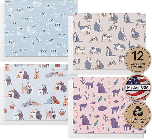 Twigs Paper Note Cards – 12 Assorted Cat Pattern Designs with Envelopes – Made in the USA – Eco-Friendly Blank Cards for Everyday Correspondence – 5.5 x 4.25 Inches