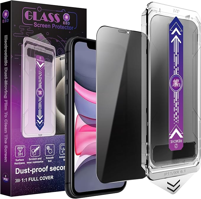 2 Pack Privacy Screen Protector for iPhone 11 / iPhone XR, 9H Tempered Glass, Full Coverage, Anti-Fingerprint, Auto Dust-Elimination, No Bubble,Easy Installation