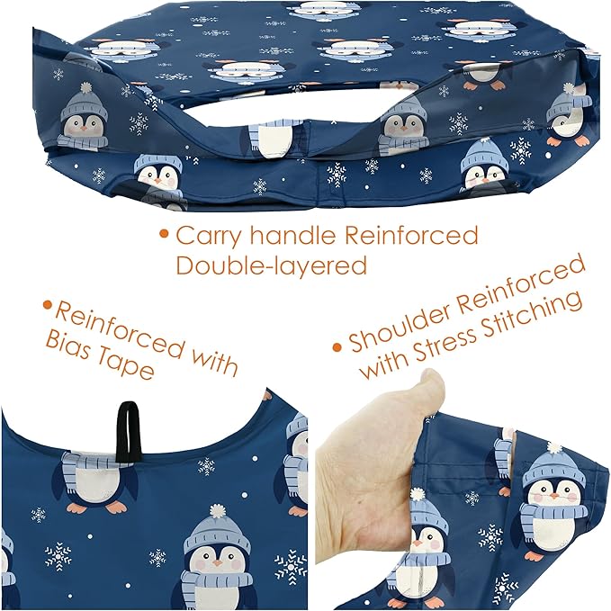 BeeGreen Christmas Reusable Grocery Bags with Zipper Storage Pouch 6 Pack Peguins Reusable Shopping Bags Bulk with Elastic Band Foldable-Machine Washable Christmas Gifts Tote Bags