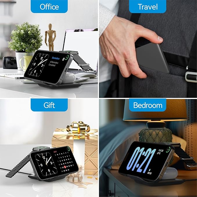 Geyo Wireless Charger Stand, 3 in 1 Foldable Fast Charging Station for Apple Multiple Devices, Compatible with iPhone 17/16/15/14/13/Pro Max/Pro/Plus/Air, for AirPods Pro 3/2/3, Watch Ultra/9/8/7
