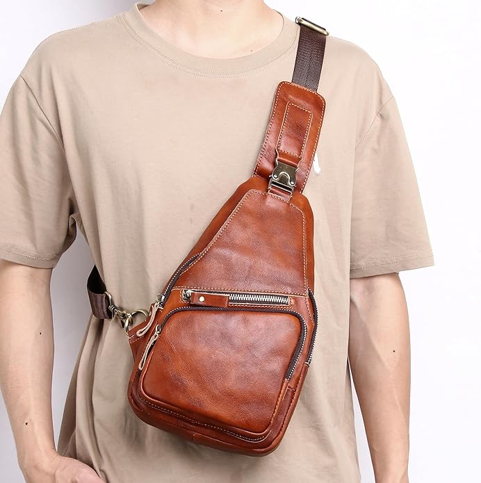 Genuine Leather Sling Bag for Men Women Backpack Chest Shoulder Satchel Crossbody Bags Casual Outdoor Daypack