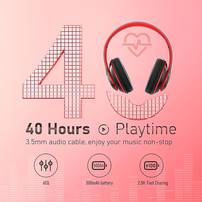 Bluetooth Headphones Over Ear, 6S Foldable Wireless Headphones with 6 EQ Modes, 40 Hours Playtime HiFi Stereo Headset with Mic, Soft Ear Pads, TF/FM for Cellphone/PC/Home (Red)
