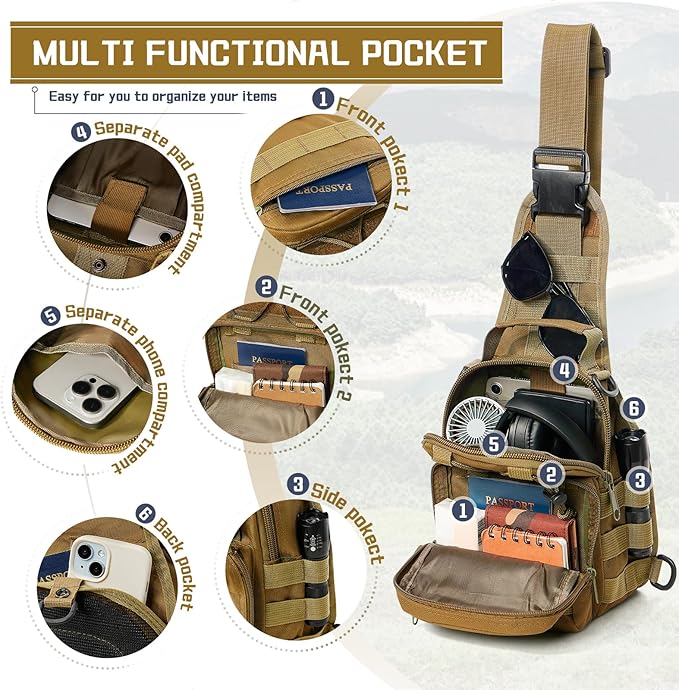 Tactical Chest Pack Backpack, Carry Shoulder Sling Bag for Men, Waterproof Military Cross-body Molle Backpack for Outdoor, Range, Travel, Hiking, Khaki