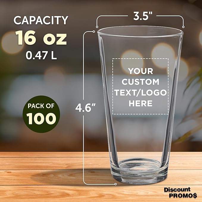 Custom Casale Pint Glass 16 oz. Set of 100, Personalized Bulk Pack - Beer Glasses, Heavy Duty Drinkware - Clear