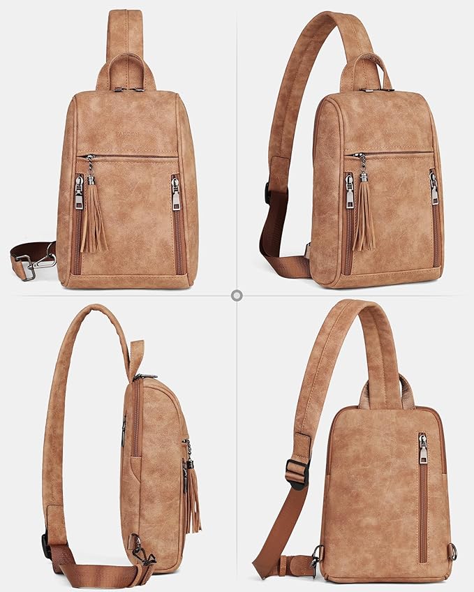 FADEON Sling Bag for Women, Crossbody Purse with Tassels, Designer Leather Shoulder Chest Bags for Travel