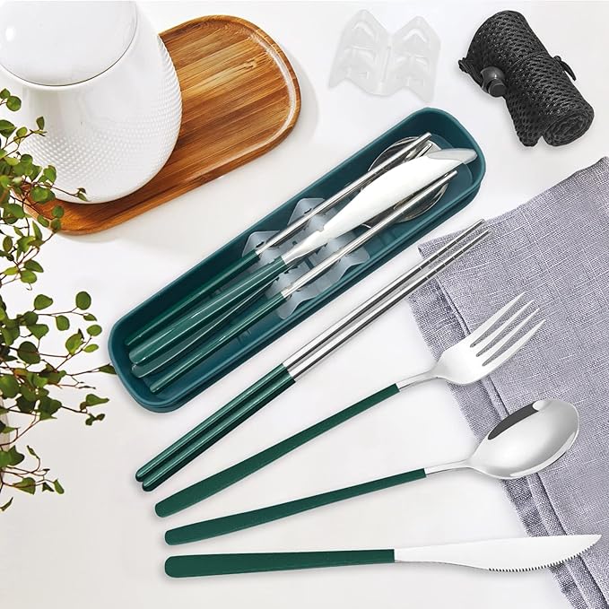 Portable Travel Camping Cutlery Set, TWUTGAYW Silver Green Reusable Flatware Silverware, Stainless Steel Cutlery Set, Portable Chopsticks Knife Spoons Forks Set for Camping Picnic Lunch Daily Use