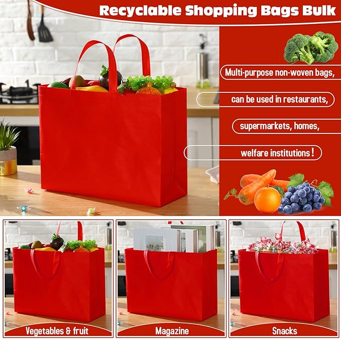 Windyun Reusable Grocery Bags Large Non Woven Shopping Bags with Handles Foldable Portable Tote Bulk, 16x6x12 Inch