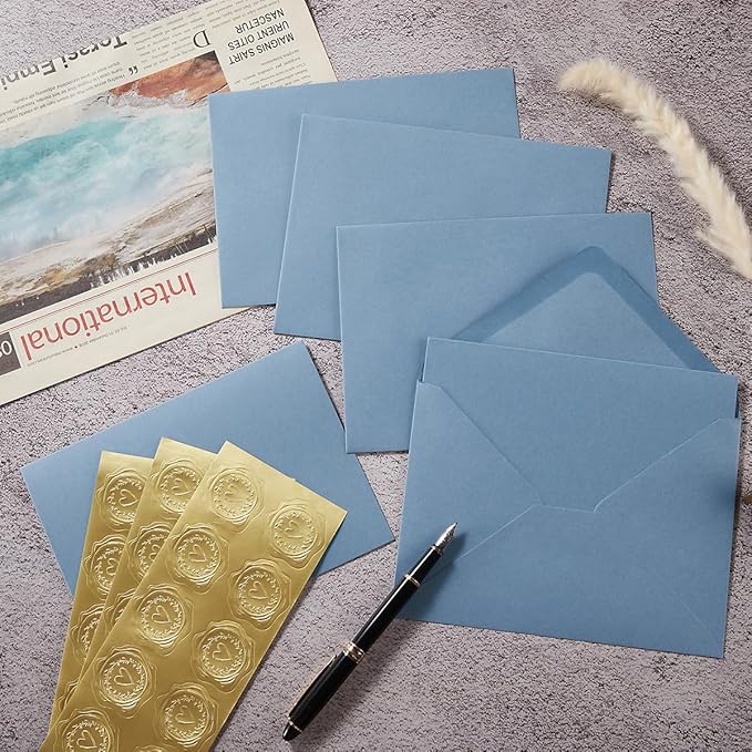 50 Pack Dusty Blue A7 Envelopes with Cards 5x7 Thick Folded Cardstock and Gold Stickers for Greeting Cards, Wedding, Birthday, Invitations, Baby Showers (Dusty Blue, 5x7)