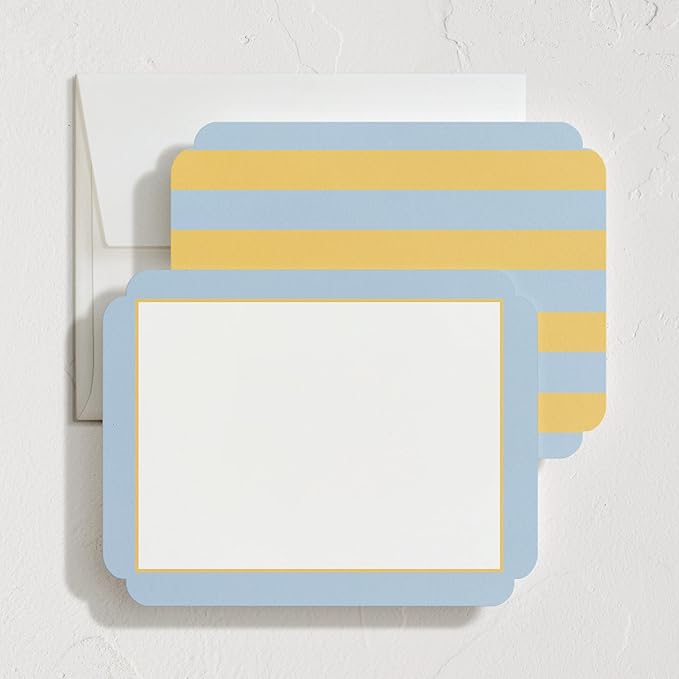 Minted July Stationery Set, Set of 10, Flat Note Cards & Envelopes for Invitations & Handwritten Thank You Messages, Blue & Yellow Stripes in Classic Frame Shape, Gifts for Women, Luxurious Paper