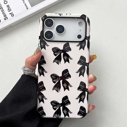 QLTYPRI Case for iPhone 17 Pro, Aesthetic Black Ribbon Bow Phone Case for Girls Women, Protective Hybrid 2-Layer Hard Shell Silicone Cover Durable Shockproof Phone Cover - Beige