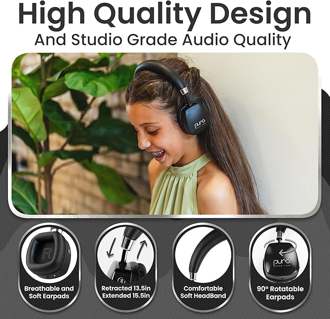 Puro Sound Labs PuroQuiet Plus Kids Noise Cancelling Headphones, Bluetooth Kids On Ear Headphones with Mic, Lightweight On-Ear Design, Studio-Grade Sound (Black)