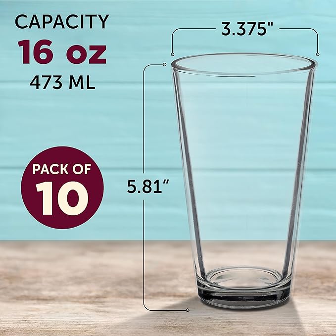 DISCOUNT PROMOS Arc Pint Glass 16 oz. Set of 10, Bulk Pack - Beer Glasses, Heavy Duty Drinkware - Clear