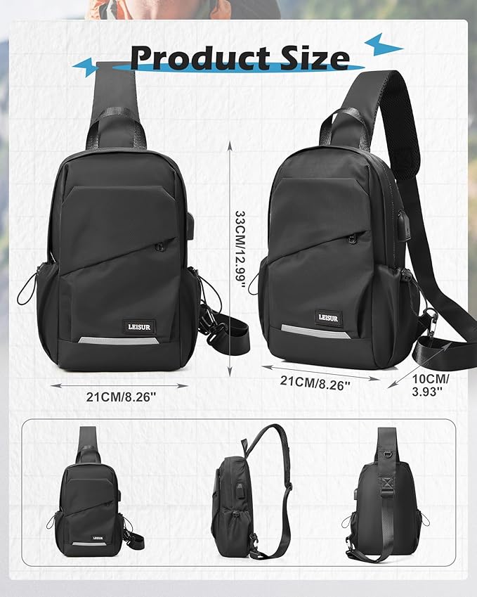 Black Crossbody Sling Backpacks Sling Bag for Men Women, Small Shoulder Backpack Motorcycle Chest Bags One Strap Backpack, Mini Chest Daypack for Casual Travel Hiking Gym Outdoor Sports