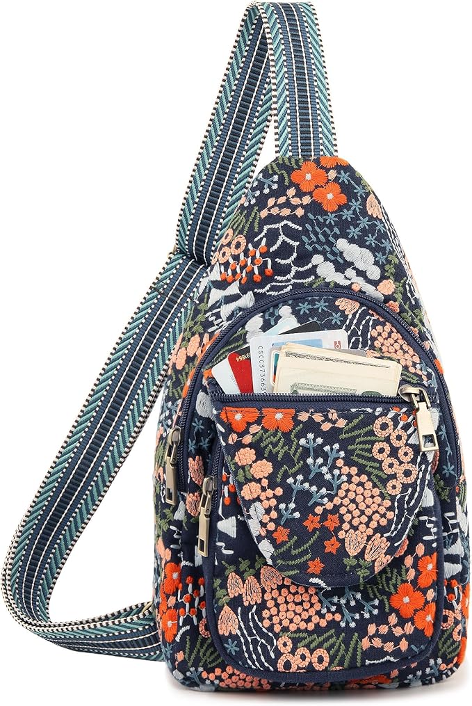 SILKAREA Vintage Embroidered Floral Ethnic Backpack for Women Handbag Shoulder Bag Mini Travel Purse (Flower Sea Blue)