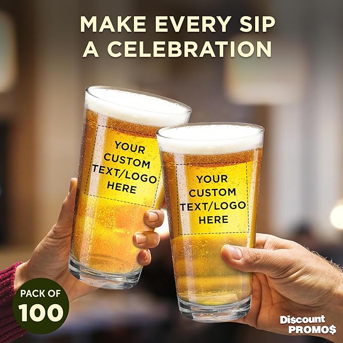 Custom Casale Pint Glass 16 oz. Set of 100, Personalized Bulk Pack - Beer Glasses, Heavy Duty Drinkware - Clear