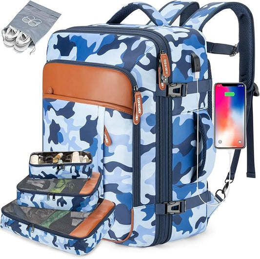 Carry on Travel Backpacks, Extra Large 40L Flight Approved Bag for Men & Women,Expandable Suitcase Backpack With 4 Packing Cubes,Water Resistant Luggage Daypack Business Weekender Bag,Camouflage Blue