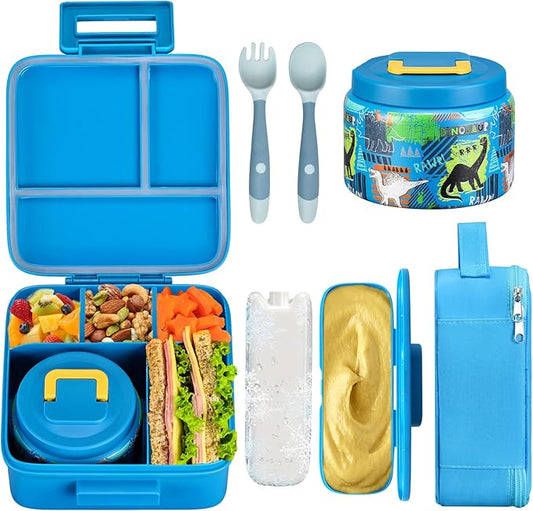 Bento Lunch Box for Kids With 8oz Soup thermo,Leak-proof Lunch Containers with 5 Compartment,thermo Food Jar and Lunch Bag, Food Containers for School (A-Blue(Dinosaur))