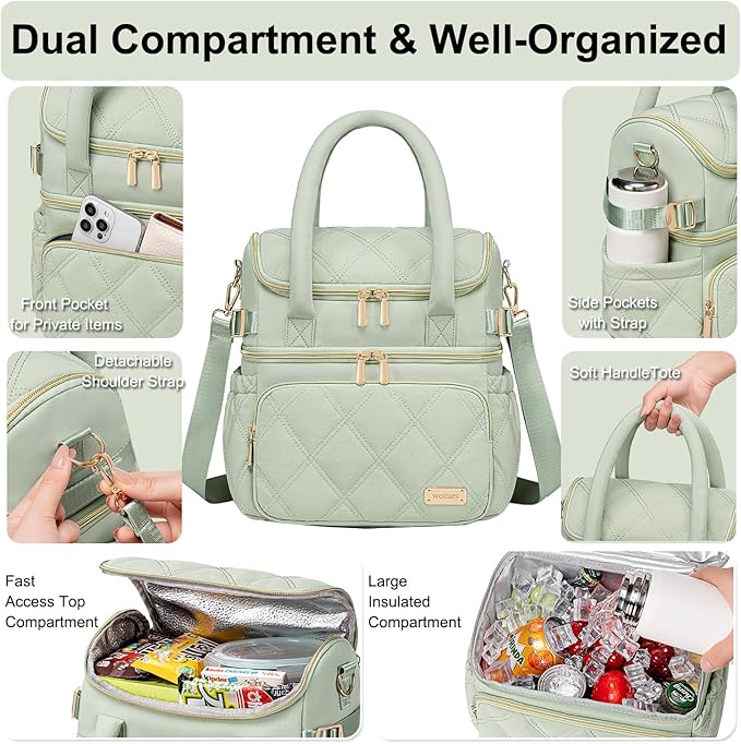 Weitars Lunch Bag for Women Men,Double Deck Lunch Box for Women,Quilted Lunch Tote for Work,Insulated Lunch Cooler Leakproof Lunchbox for Adult with Shoulder Strap &Pockets for Picnic Hiking (Green)