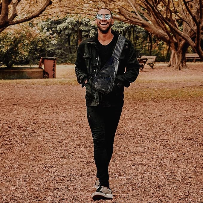 Peicees Leather Sling Bag Mens Crossbody Bag Chest Bag Sling Backpack for Men with USB Charge Port